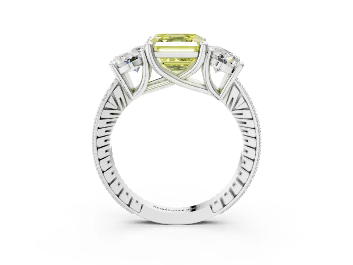 Fancy Yellow Three-Stone Asscher Cut Diamond Milgrain Pave Band with Prong Setting Platinum