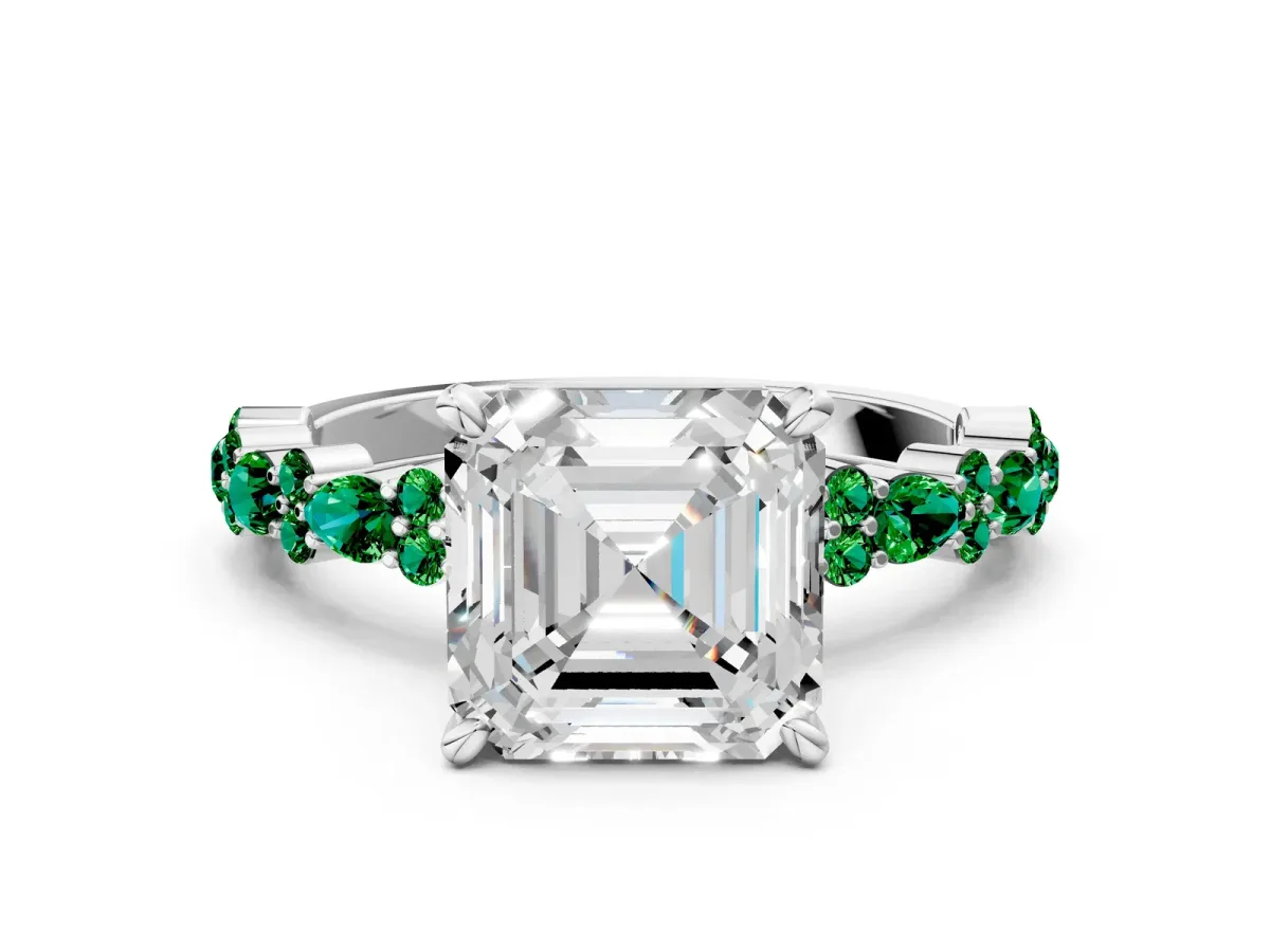 Asscher Cut Diamond Side Stone Solitaire Ring with Round Emerald and Four-Prong Setting Platinum