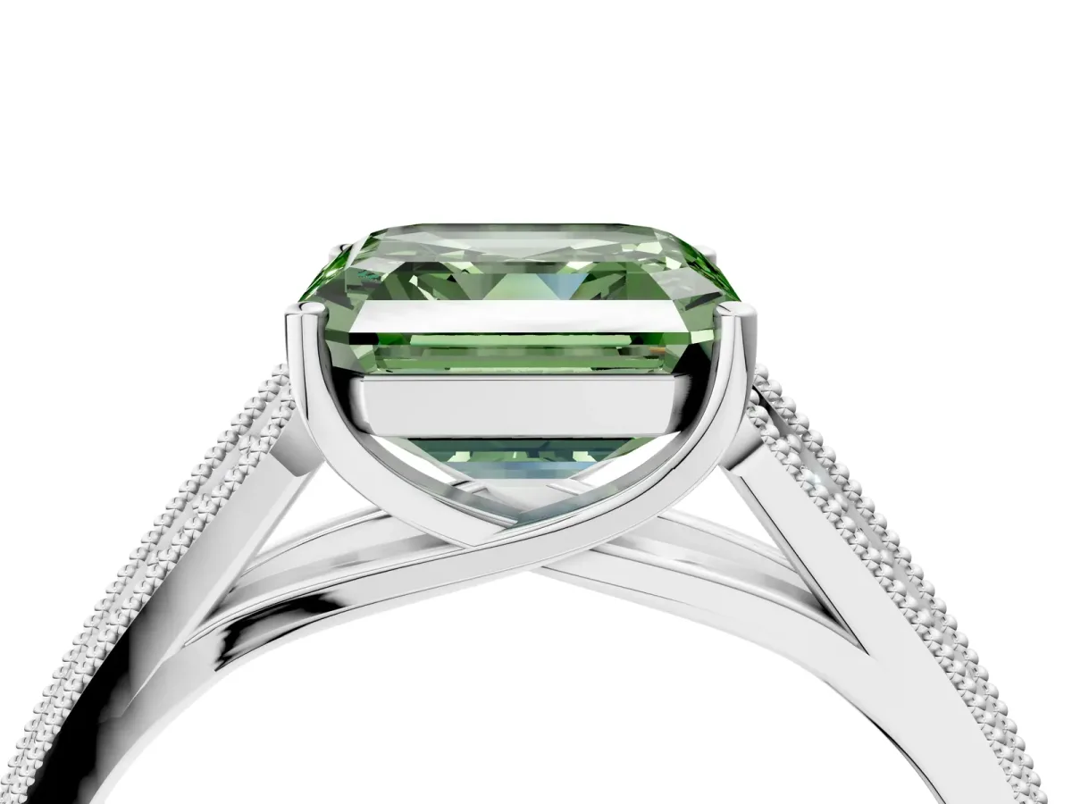 Fancy Green Asscher Cut Cut Pave Split Shank Engagement Ring with Four-Prong Setting Platinum