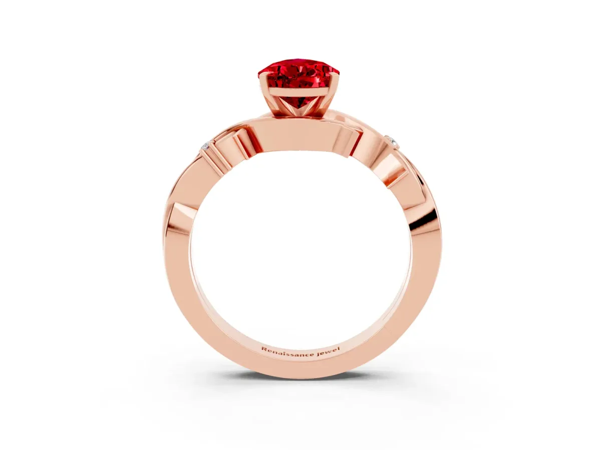 Pear Cut Ruby Solitaire Ring with Twisted Band and Prong Setting Rose gold