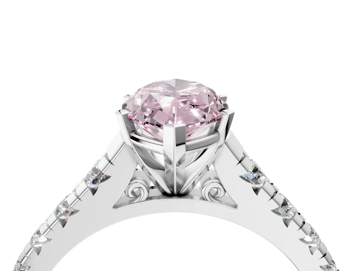 Fancy Pink Marquise Cut Diamond Cathedral Solitaire Ring with Round Pavé Band Silver