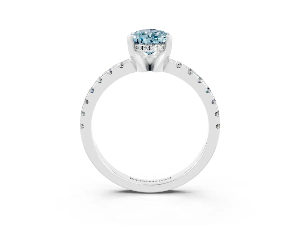 Pear Cut Aquamarine Solitaire Ring with Round Pavé Band and Four-Prong Setting Silver
