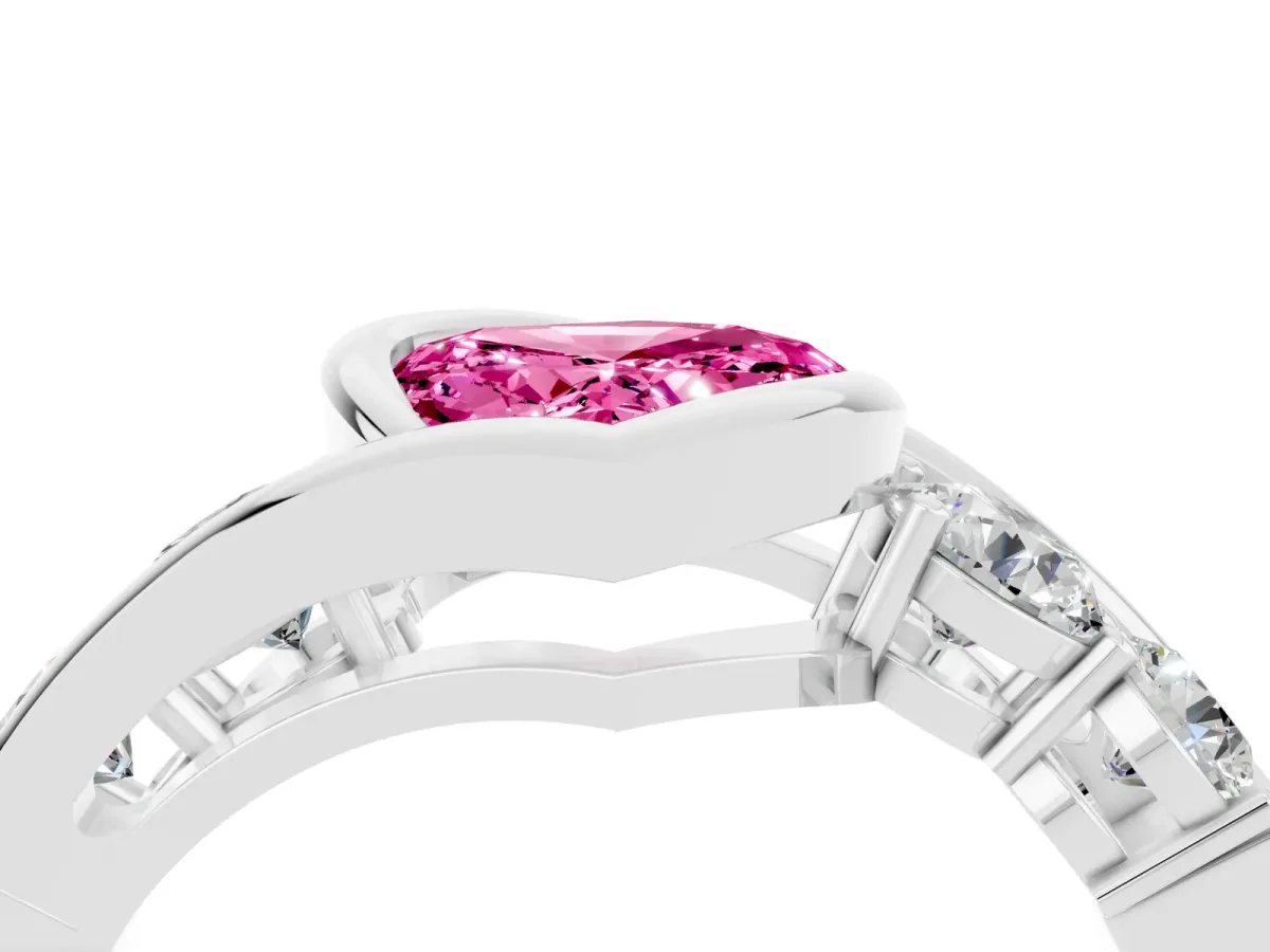 Bezel Set Heart Cut Pink Sapphire Bypass Ring with Round Accents Silver
