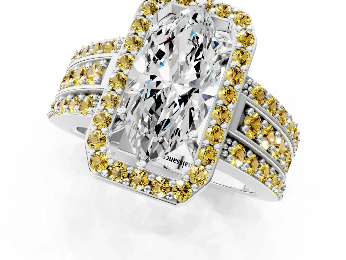 Marquise Cut Halo Diamond Ring with Round Yellow Sapphire Split Shank and Prong Setting Silver