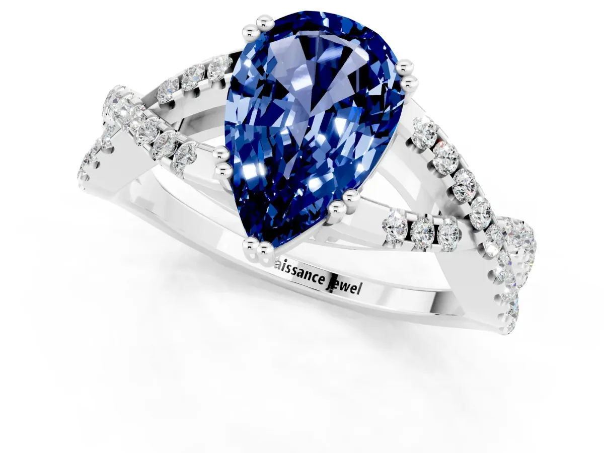 Pear Cut Blue Sapphire Solitaire Ring with Four-Prong Setting and Twisted Pavé Band Platinum