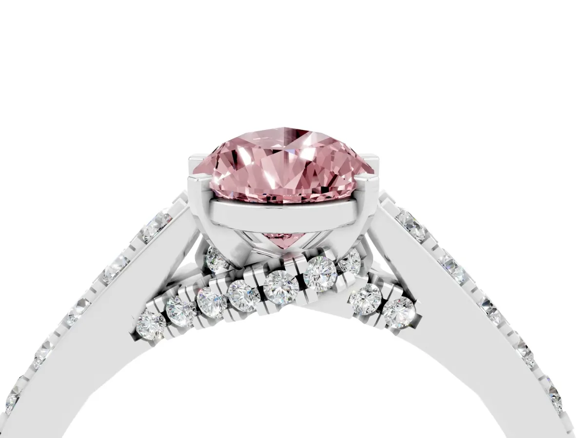 Pear Cut Morganite Solitaire Ring with Crossover Gallery and Round Pavé Band Silver
