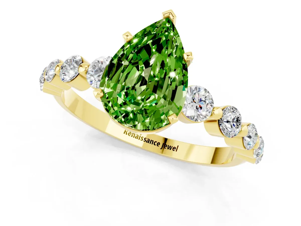 Pear Cut Solitaire Peridot Ring with Pave Band and Four-Prong Setting Yellow gold