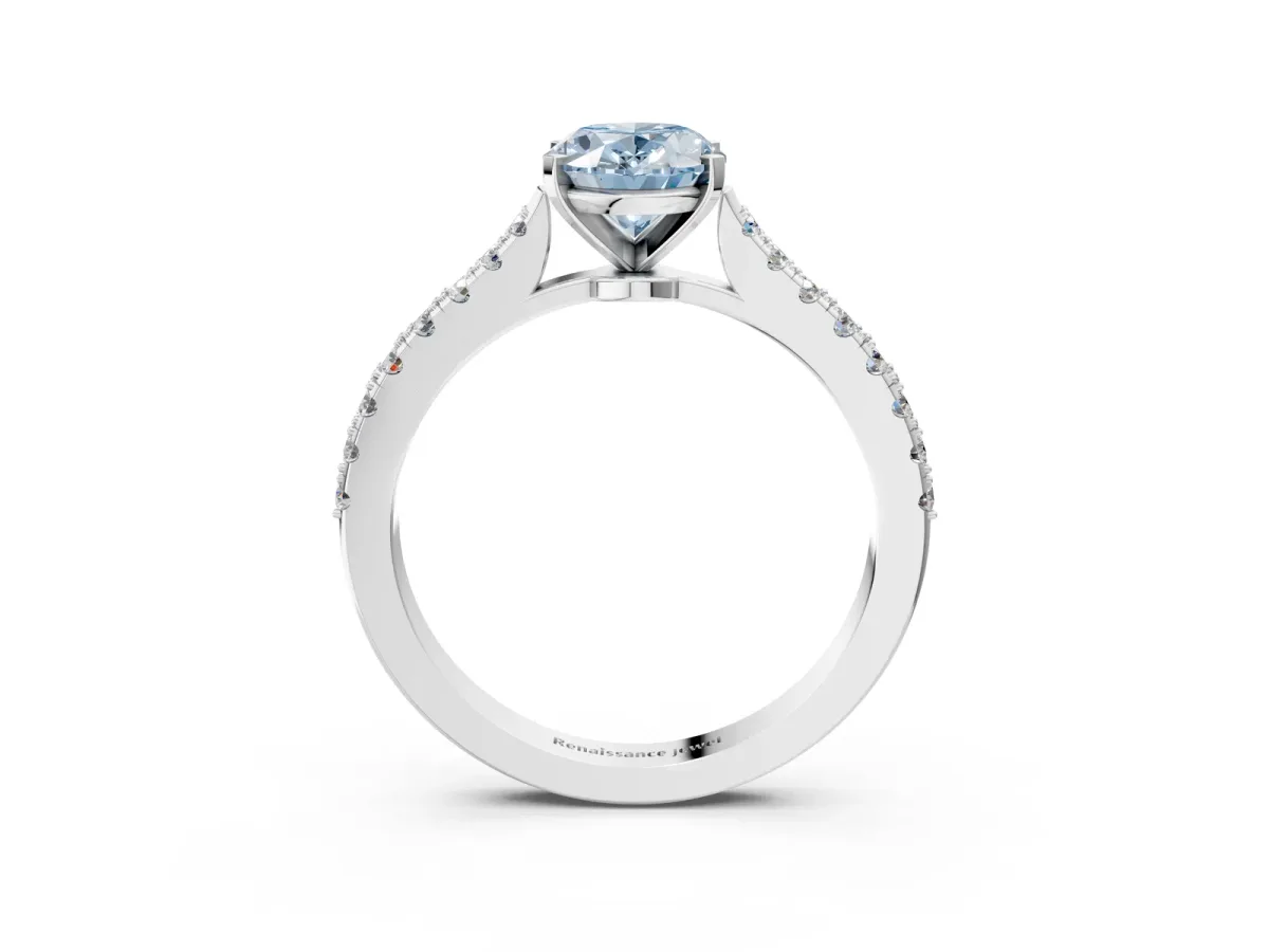 Fancy Blue Oval Cut Cut Solitaire Diamond Engagement Ring with Pave Band and Four-Prong Setting Silver