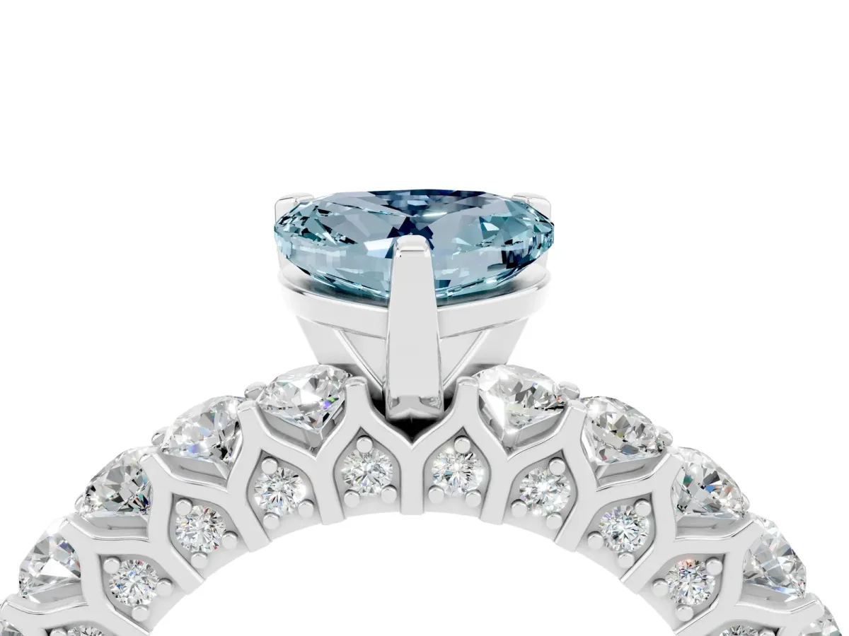Heart Cut Aquamarine Solitaire Ring with Shared Prong Pavé Band and Four-Prong Setting Silver