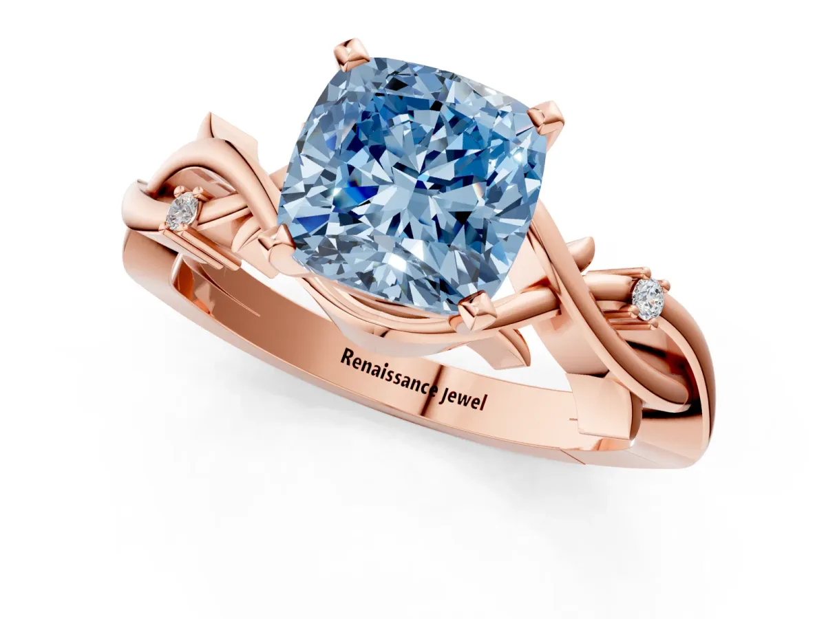 Fancy Blue Cushion Cut Diamond Solitaire Ring with Twisted Band and Prong Setting Rose gold