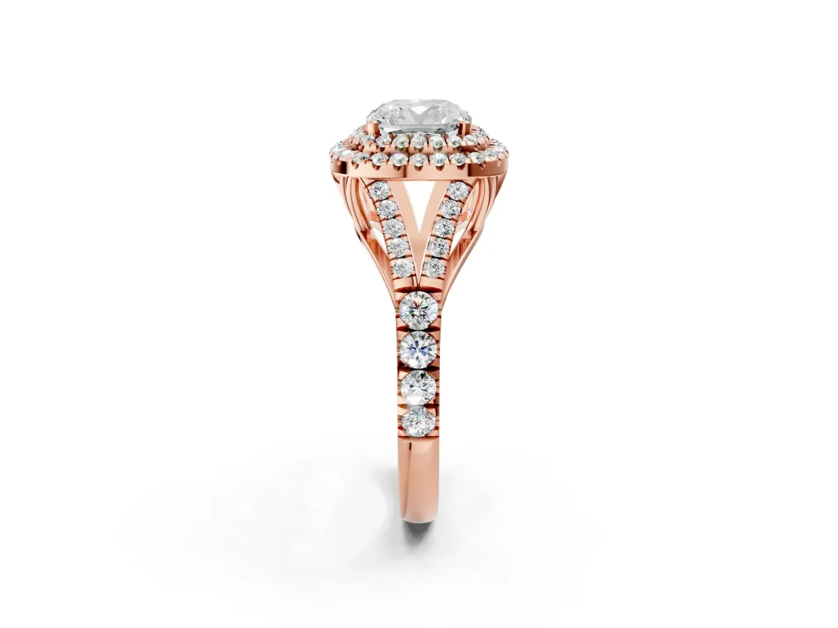 Cushion Cut Diamond Double Halo Ring with Split Shank and Prong Setting Rose gold