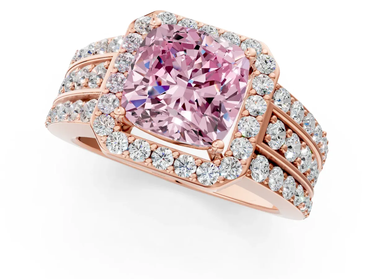 Fancy Pink Cushion Cut Halo Diamond Ring with Round Split Shank and Prong Setting Rose gold