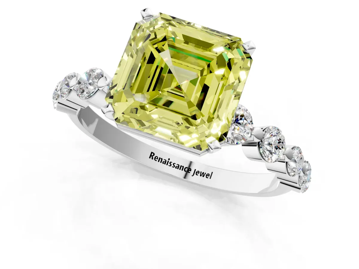 Fancy Yellow Asscher Cut Solitaire Diamond Ring with Pave Band and Four-Prong Setting Platinum