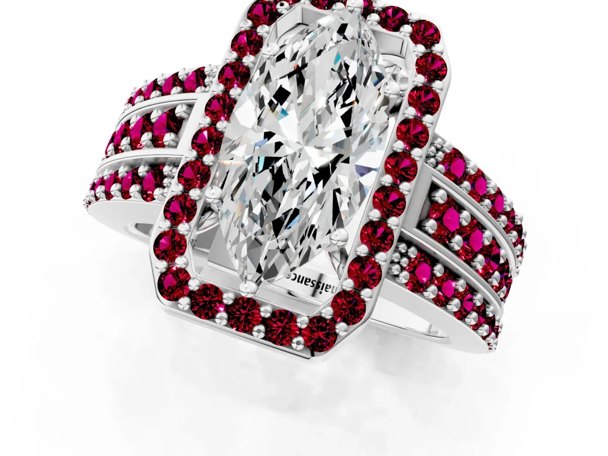 Marquise Cut Halo Diamond Ring with Round Garnet Split Shank and Prong Setting Platinum