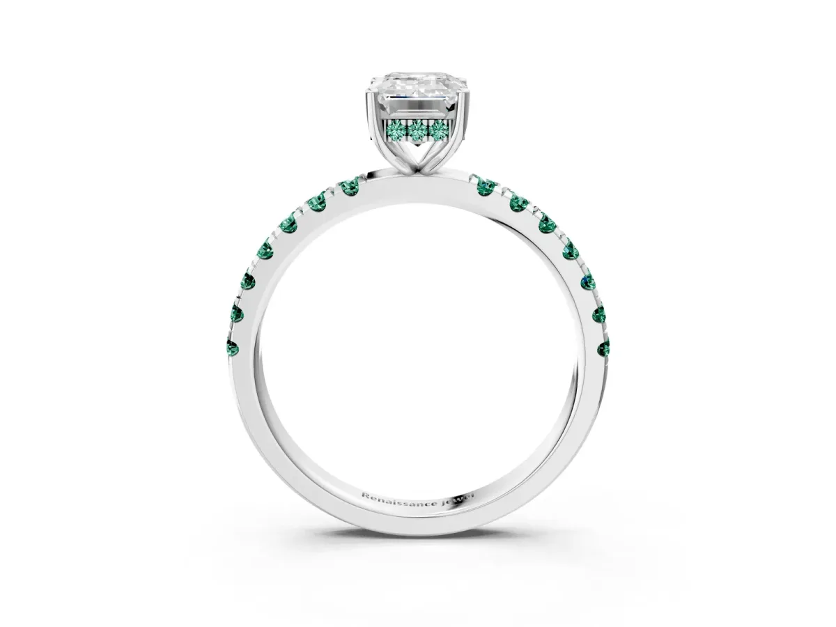 Emerald Cut Diamond Pave Band Solitaire Ring with Round Green Sapphire and Prong Setting Silver