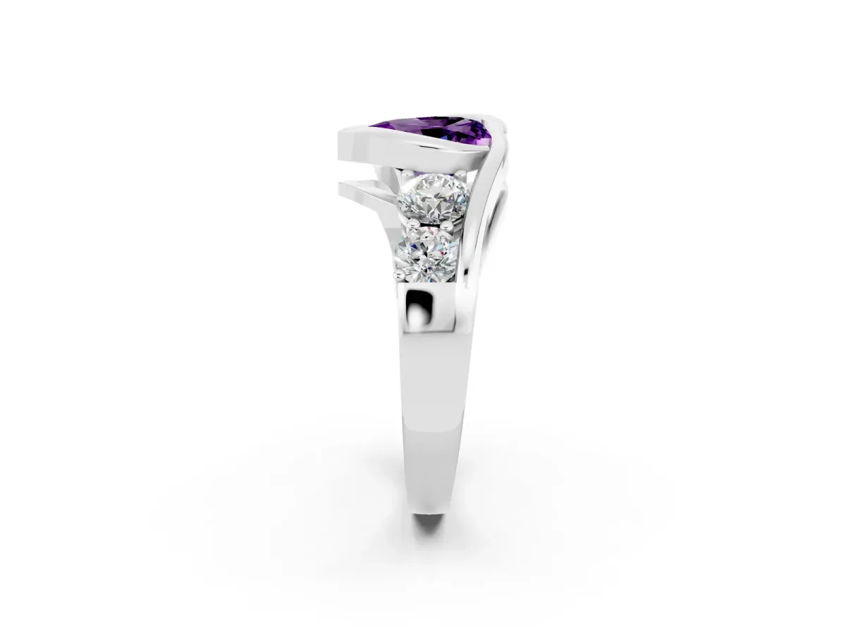 Bezel Set Heart Cut Amethyst Bypass Ring with Round Accents Platinum