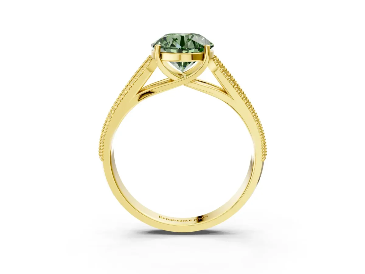 Fancy Green Round Cut Cut Pave Split Shank Engagement Ring with Four-Prong Setting Yellow gold