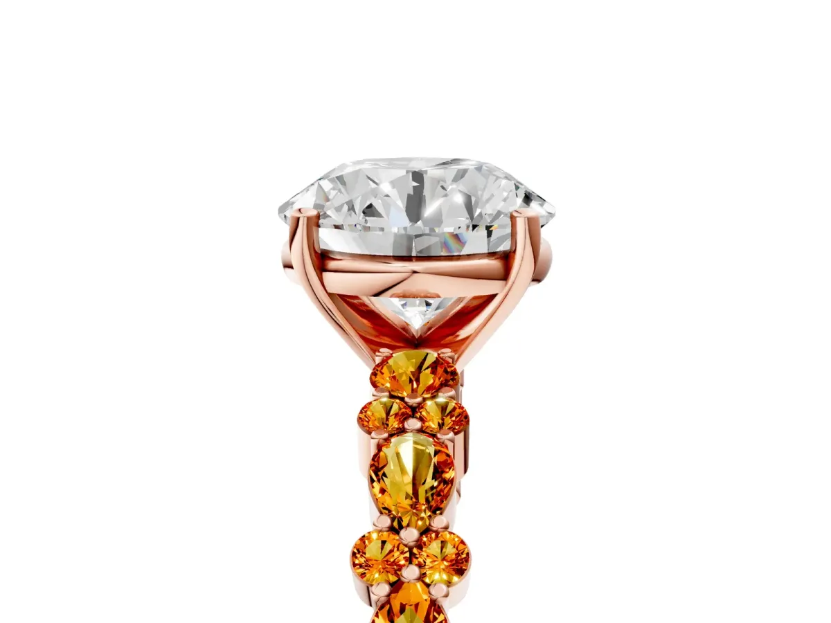 Round Cut Diamond Side Stone Solitaire Ring with Round Citrine and Four-Prong Setting Rose gold