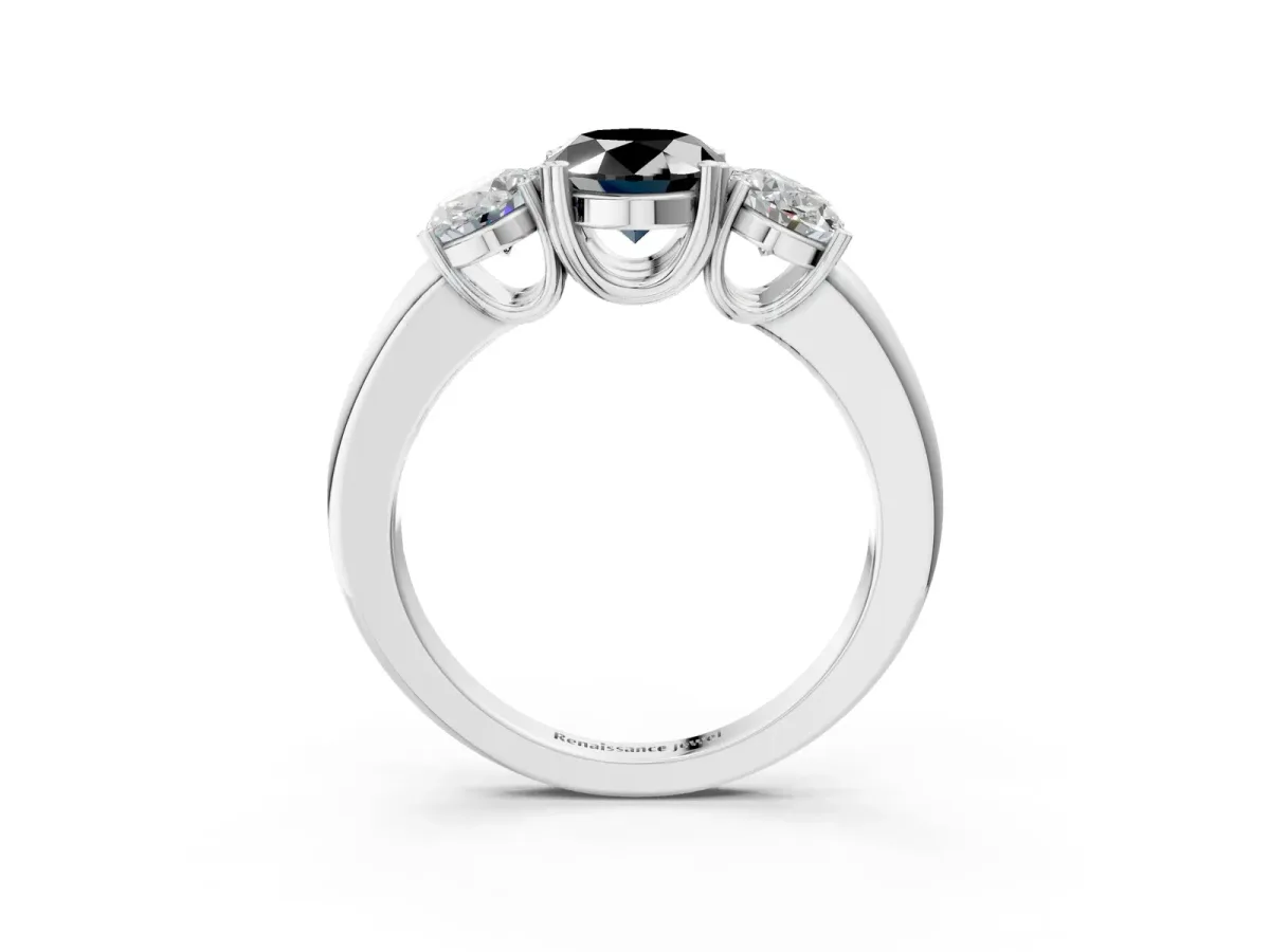 Fancy Black Three-Stone Oval Cut Cut Diamond Ring with Channel Set Band and Four-Prong Setting Silver