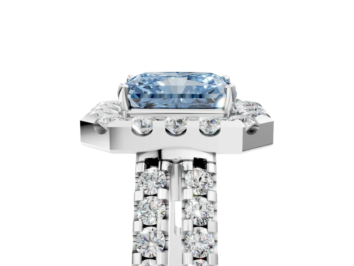 Fancy Blue Radiant Cut Halo Diamond Split Shank Engagement Ring with Prong Setting Platinum