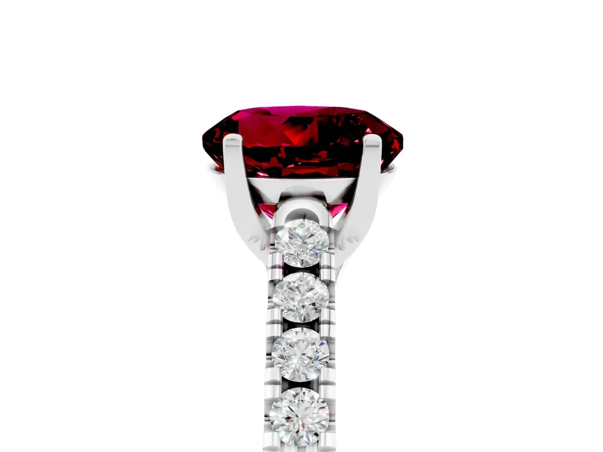 Round Cut Garnet Pavé Band Solitaire Ring with Prong Setting White gold