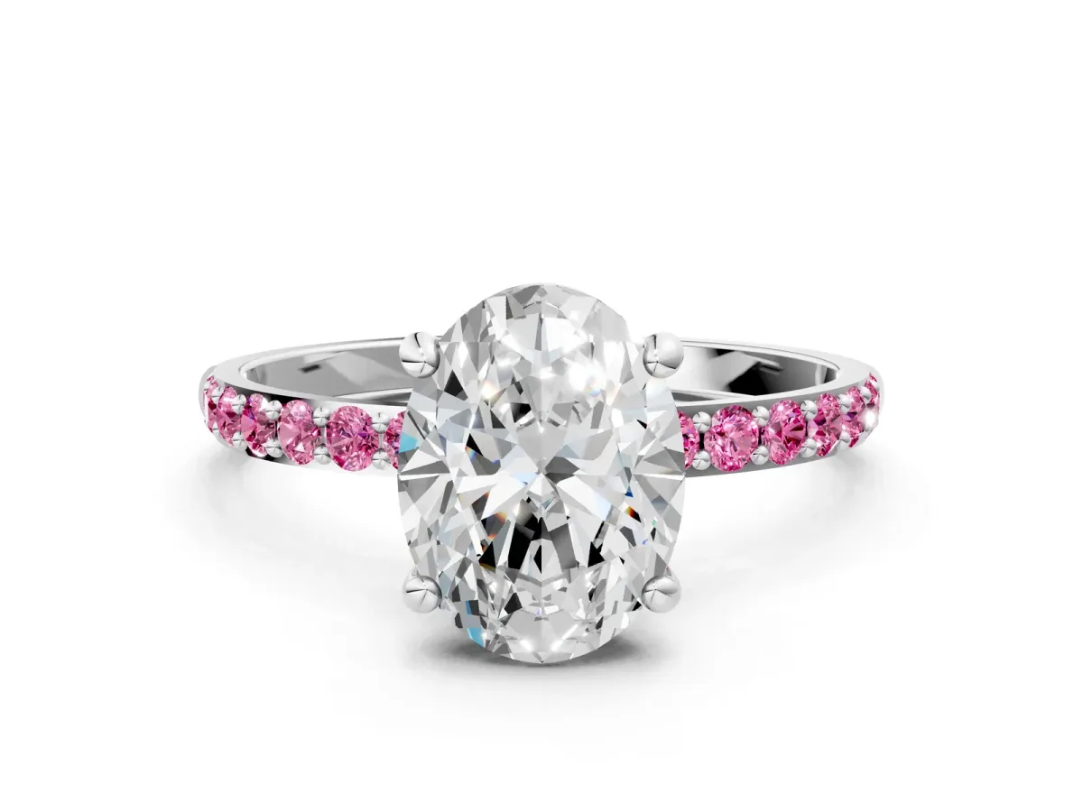 Oval Cut Diamond Solitaire Ring with Round Pink Sapphire Pavé Band and Prong Setting Silver
