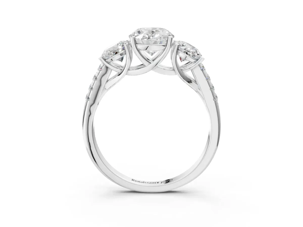 Three-Stone Oval Cut Diamond Ring with Round Moissanite Pavé Band and Prong Setting Silver