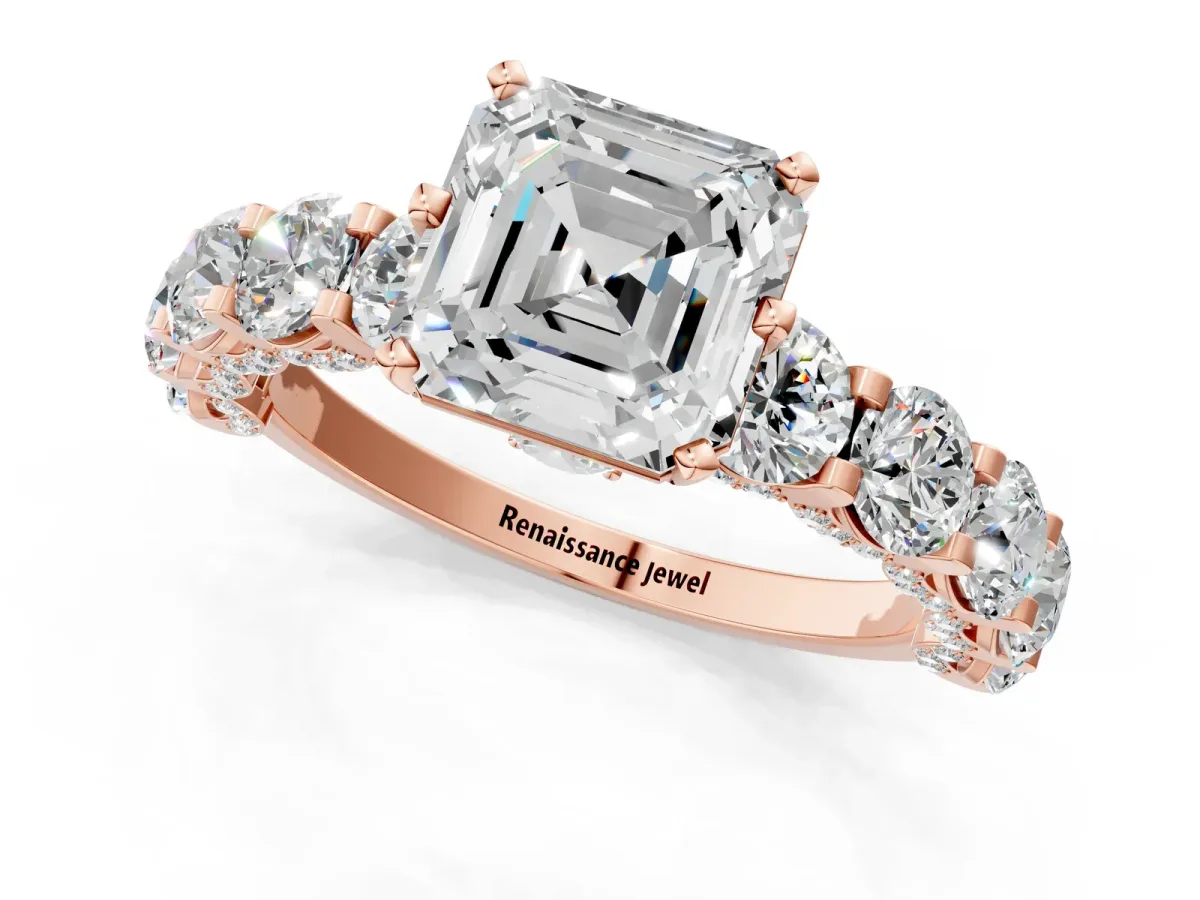 Asscher Cut Diamond Side Stone Engagement Ring with Four-Prong Setting Rose gold