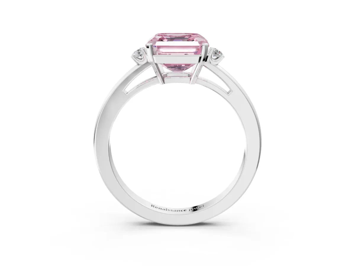 Fancy Pink Asscher Cut Cut Three-Stone Solitaire Ring with Round Accent Diamonds and Four-Prong Setting Platinum