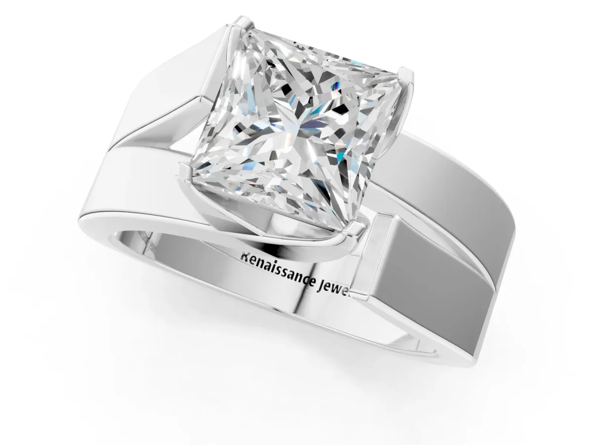 Modern Tension Set Princess Cut Diamond Solitaire Wide Band Ring Silver