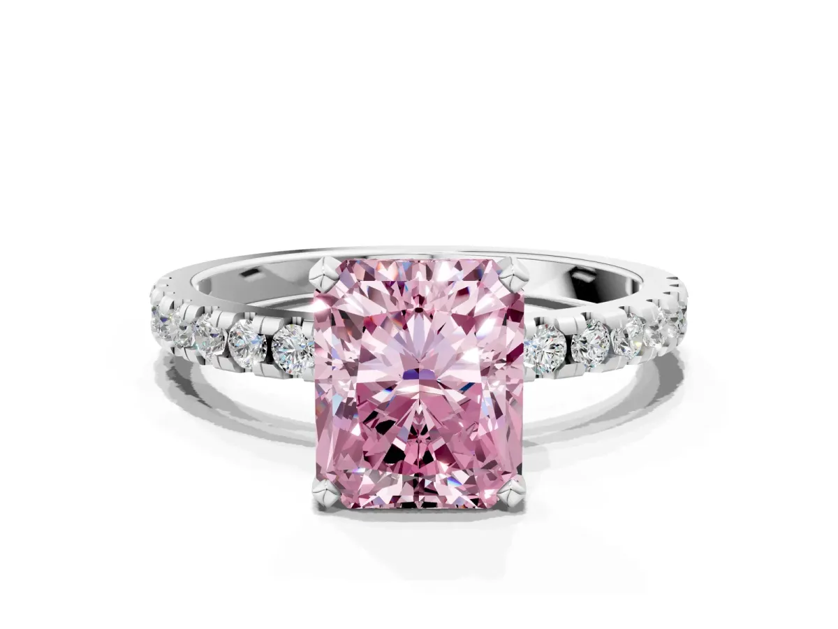Fancy Pink Radiant Cut Diamond Solitaire Ring with Round Pavé Band and Four-Prong Setting Silver