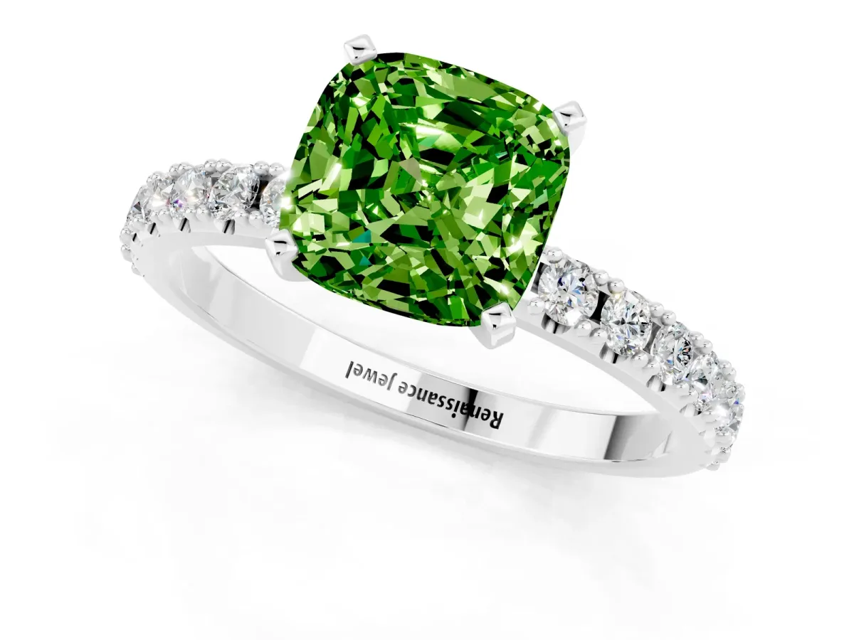 Cushion Cut Peridot Solitaire Pavé Band with Four-Prong Setting Platinum