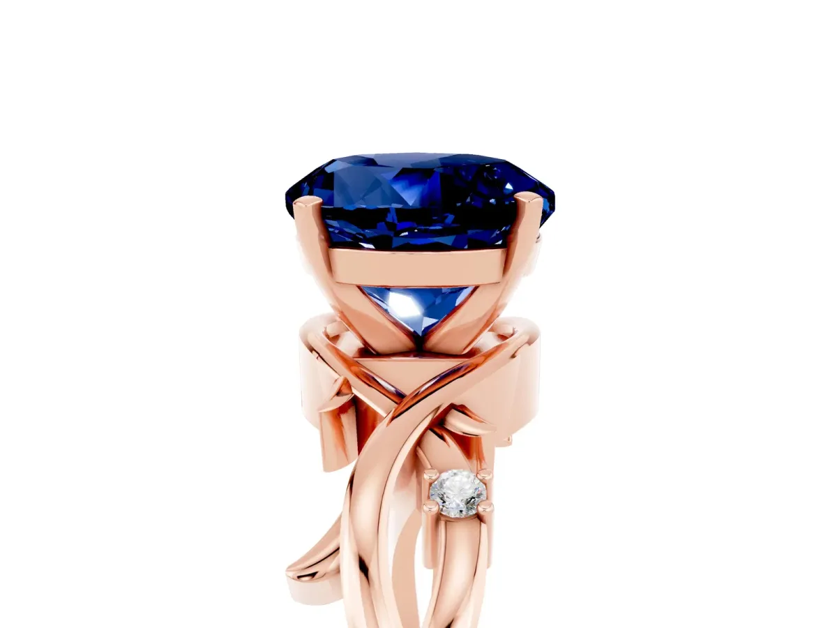 Round Cut Blue Sapphire Solitaire Ring with Twisted Band and Prong Setting Rose gold