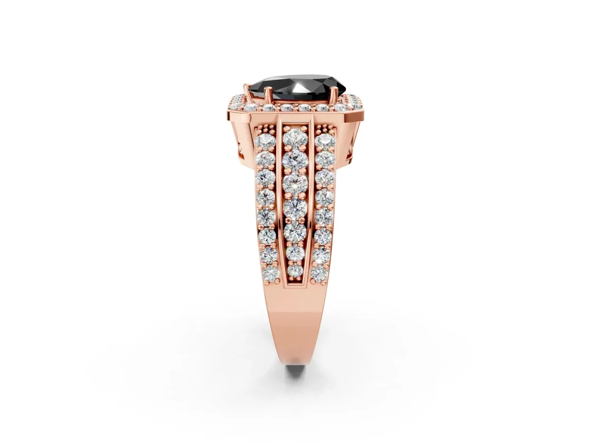 Fancy Black Pear Cut Halo Diamond Ring with Round Split Shank and Prong Setting Rose gold