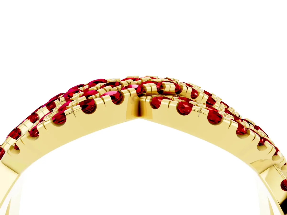 Pavé Round Ruby Infinity Twist Band with Shared Prong Setting Yellow gold