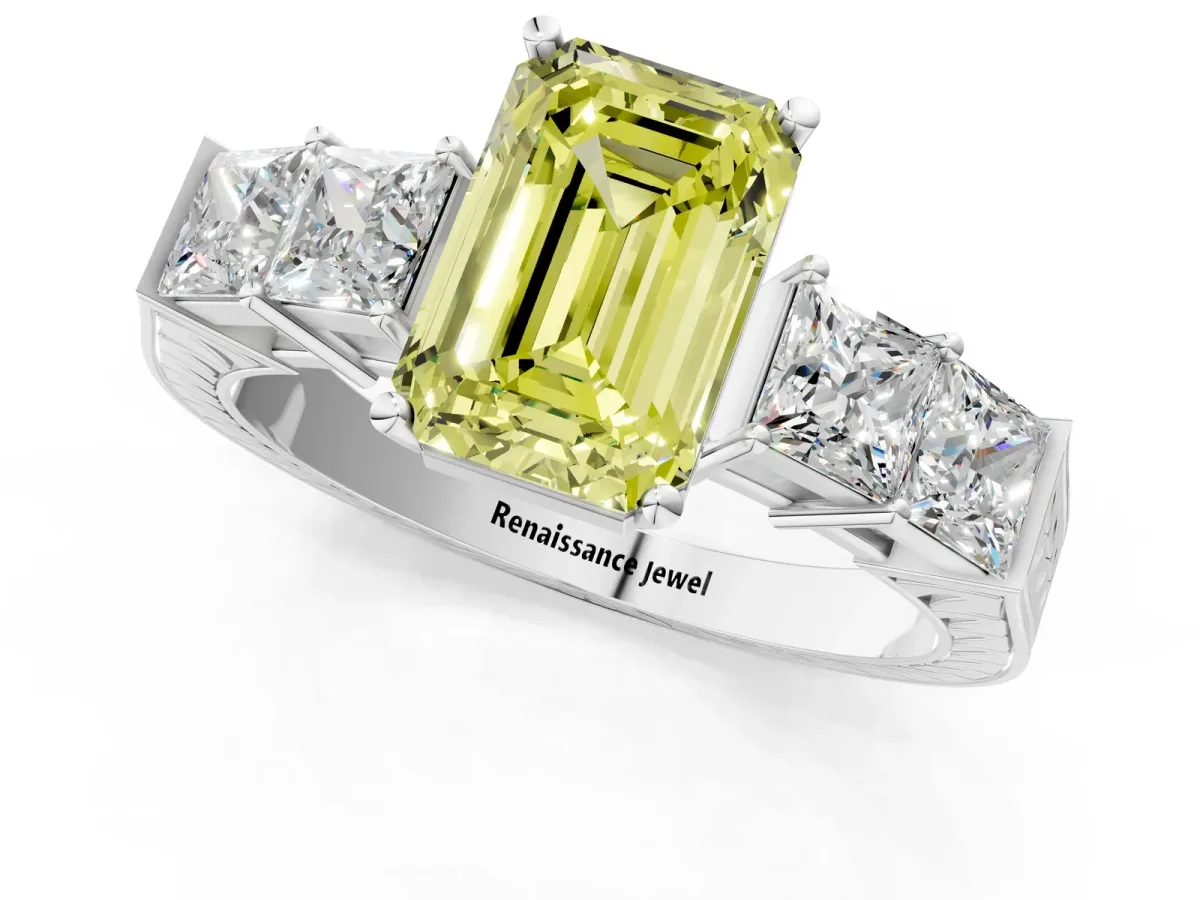 Fancy Yellow Emerald Cut Solitaire Princess Side Stone Engraved Band Prong Setting Ring Platinum