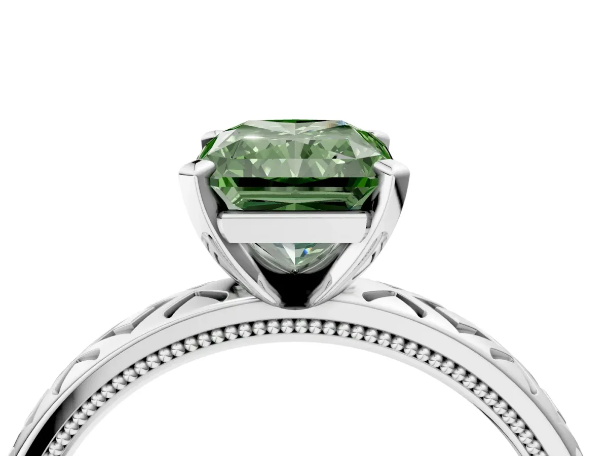 Fancy Green Radiant Cut Solitaire Diamond Ring with Milgrain and Black Enamel X Pattern Band Platinum