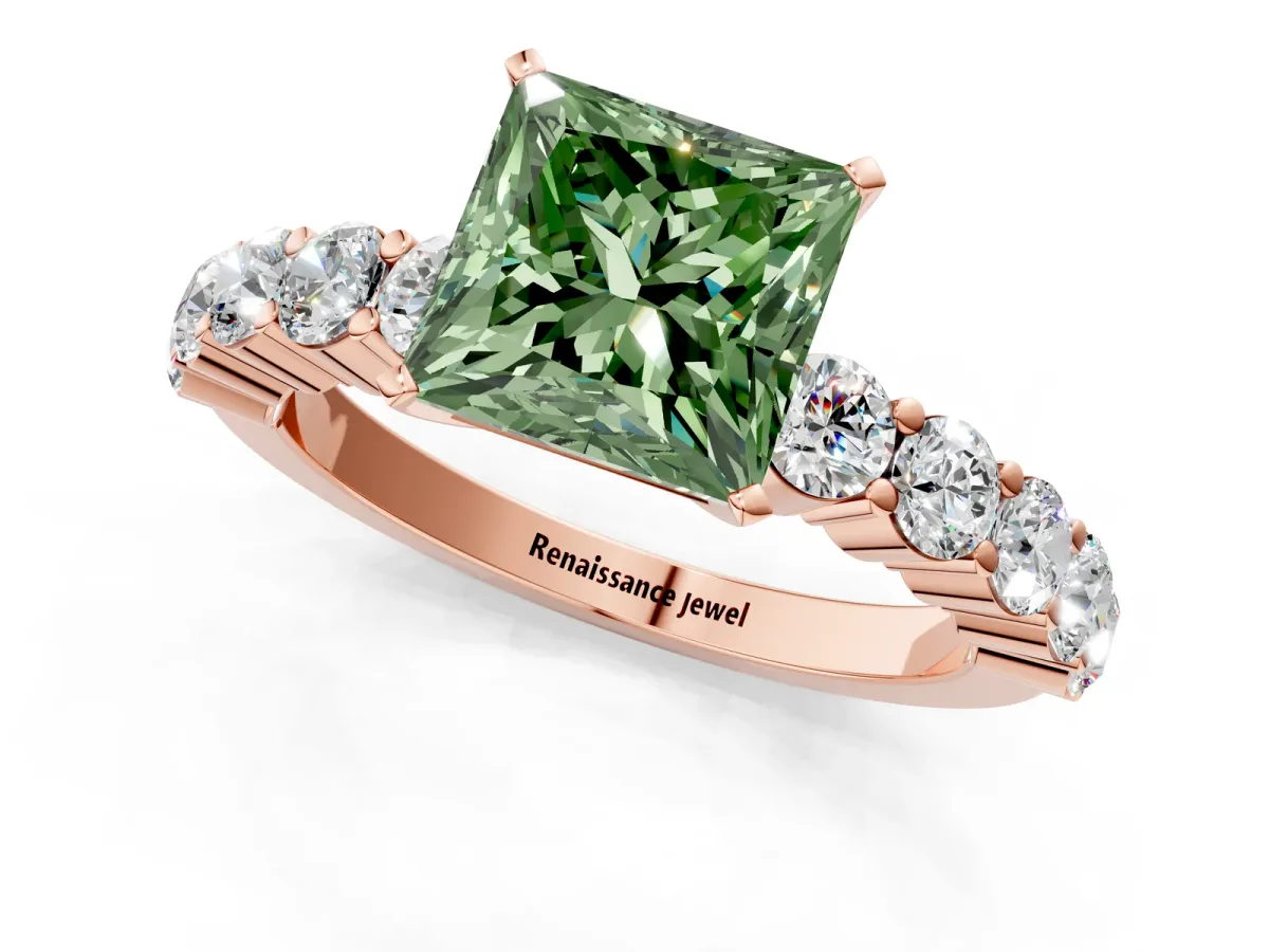 Fancy Green Princess Cut Diamond Solitaire Ring with Shared Prong Round Side Stones Rose gold