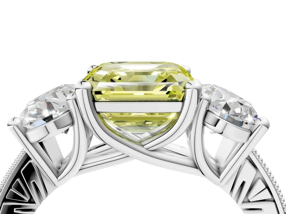 Fancy Yellow Three-Stone Asscher Cut Diamond Milgrain Pave Band with Prong Setting Platinum