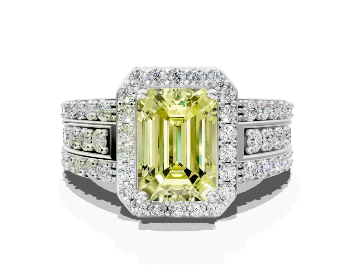 Fancy Yellow Emerald Cut Halo Diamond Ring with Round Split Shank and Prong Setting White gold