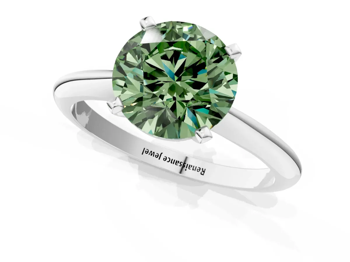 Fancy Green Round Cut Diamond Solitaire Engagement Ring with Classic Band and Four-Prong Setting Silver