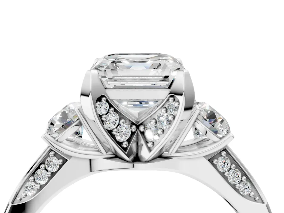 Asscher Cut Brilliant Three-Stone Diamond Ring with Pavé Band and Four-Prong Setting Platinum