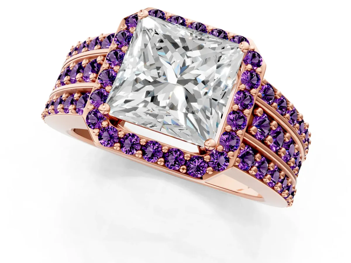 Princess Cut Halo Diamond Ring with Round Amethyst Split Shank and Prong Setting Rose gold