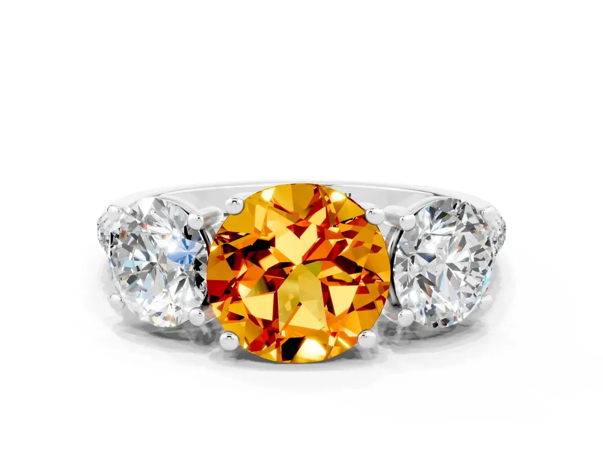 Three-Stone Round Cut Citrine Ring with Round Pavé Band and Prong Setting Platinum