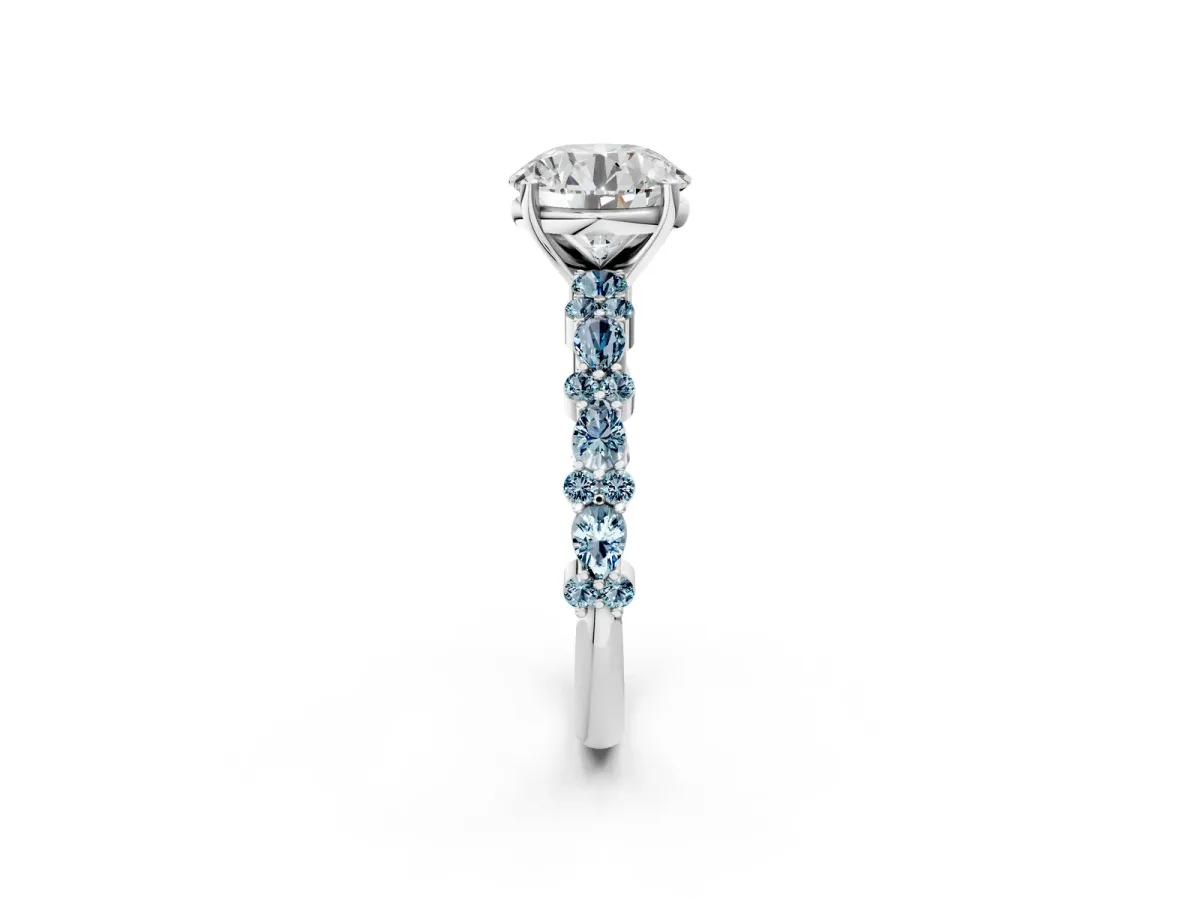 Round Cut Diamond Side Stone Solitaire Ring with Round Aquamarine and Four-Prong Setting Platinum