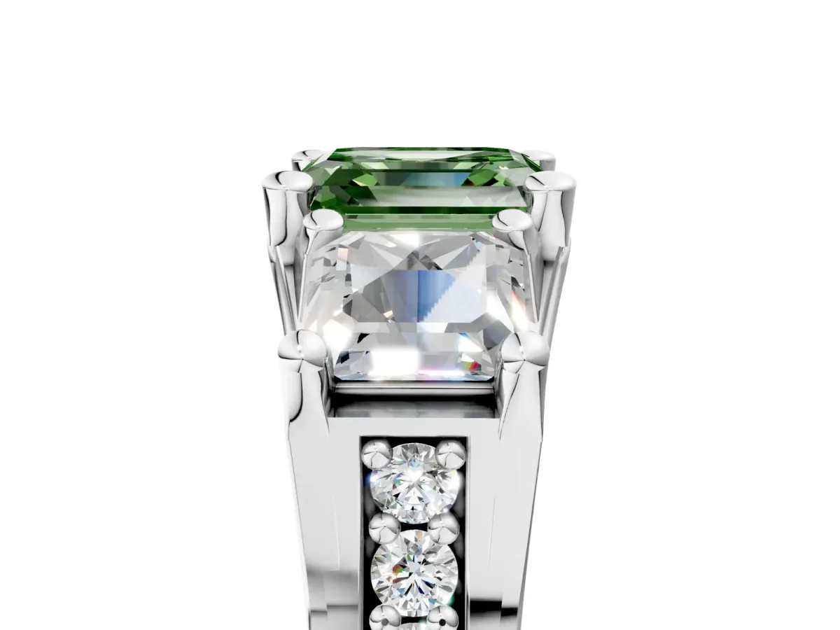 Fancy Green Asscher Cut Diamond Three-Stone Ring with Channel Set Band and Four-Prong Setting Platinum