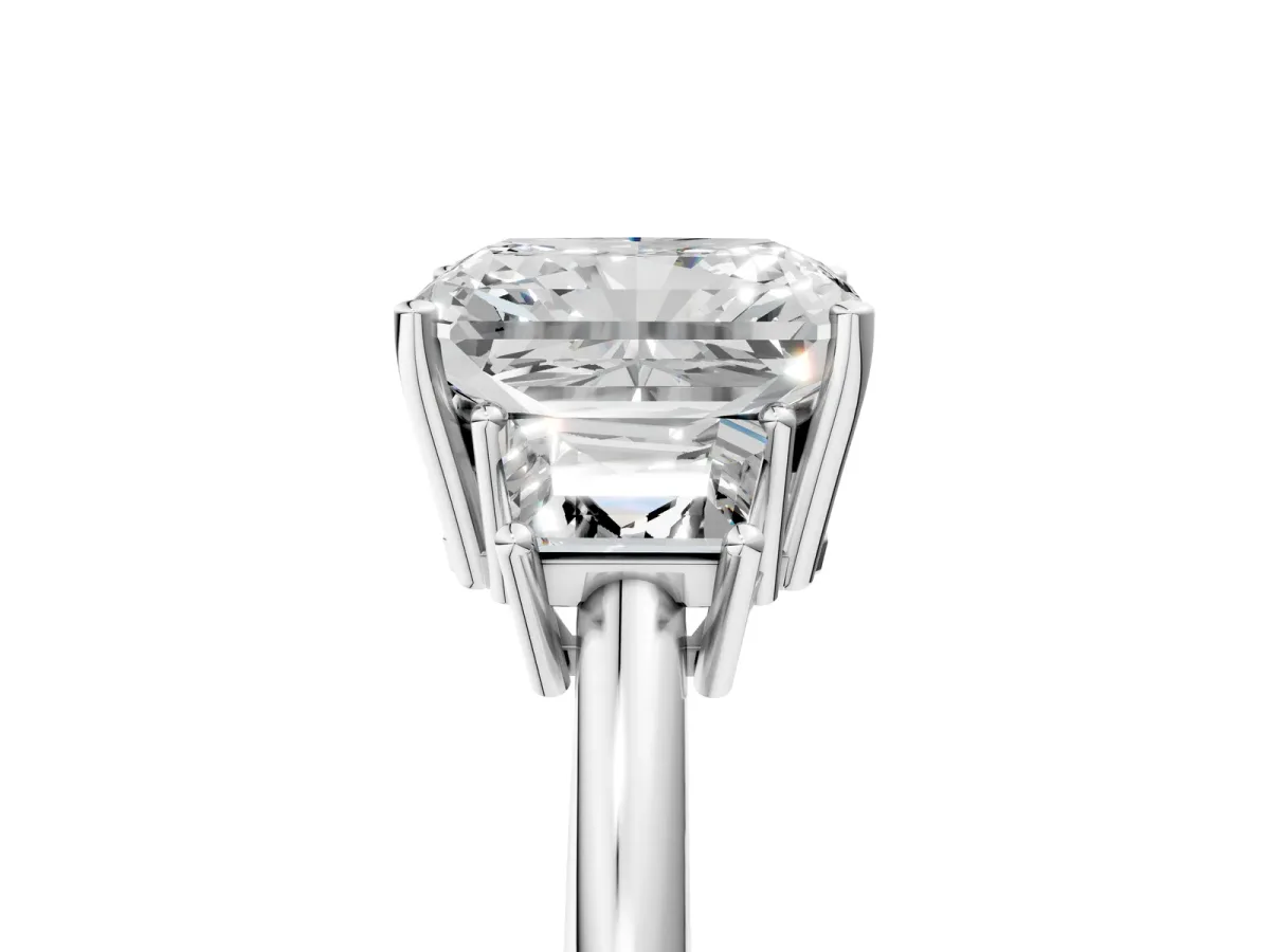 Radiant Cut Diamond Three-Stone Ring with Trapezoid Side Stones and Prong Setting Silver