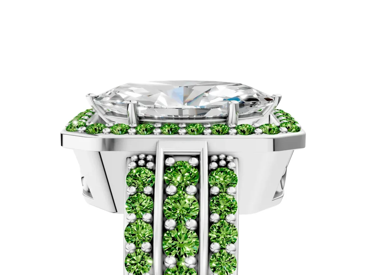 Marquise Cut Halo Diamond Ring with Round Peridot Split Shank and Prong Setting Silver