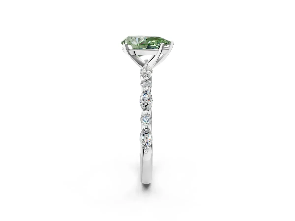 Fancy Green Pear Cut Diamond Ring with Marquise and Round Side Stones and Four-Prong Setting Silver