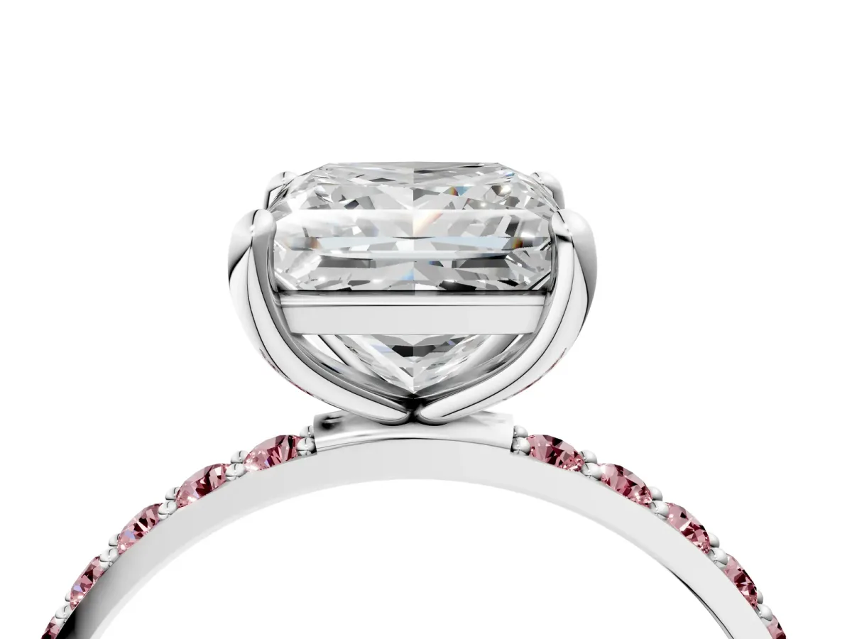 Princess Cut Diamond Solitaire Ring with Round Morganite Pavé Band and Prong Setting Silver
